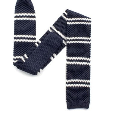Knightsbridge Retro Mod 60's Ivy League Slim Horizontal Stripe Square End Knitted Silk Tie Navy / White