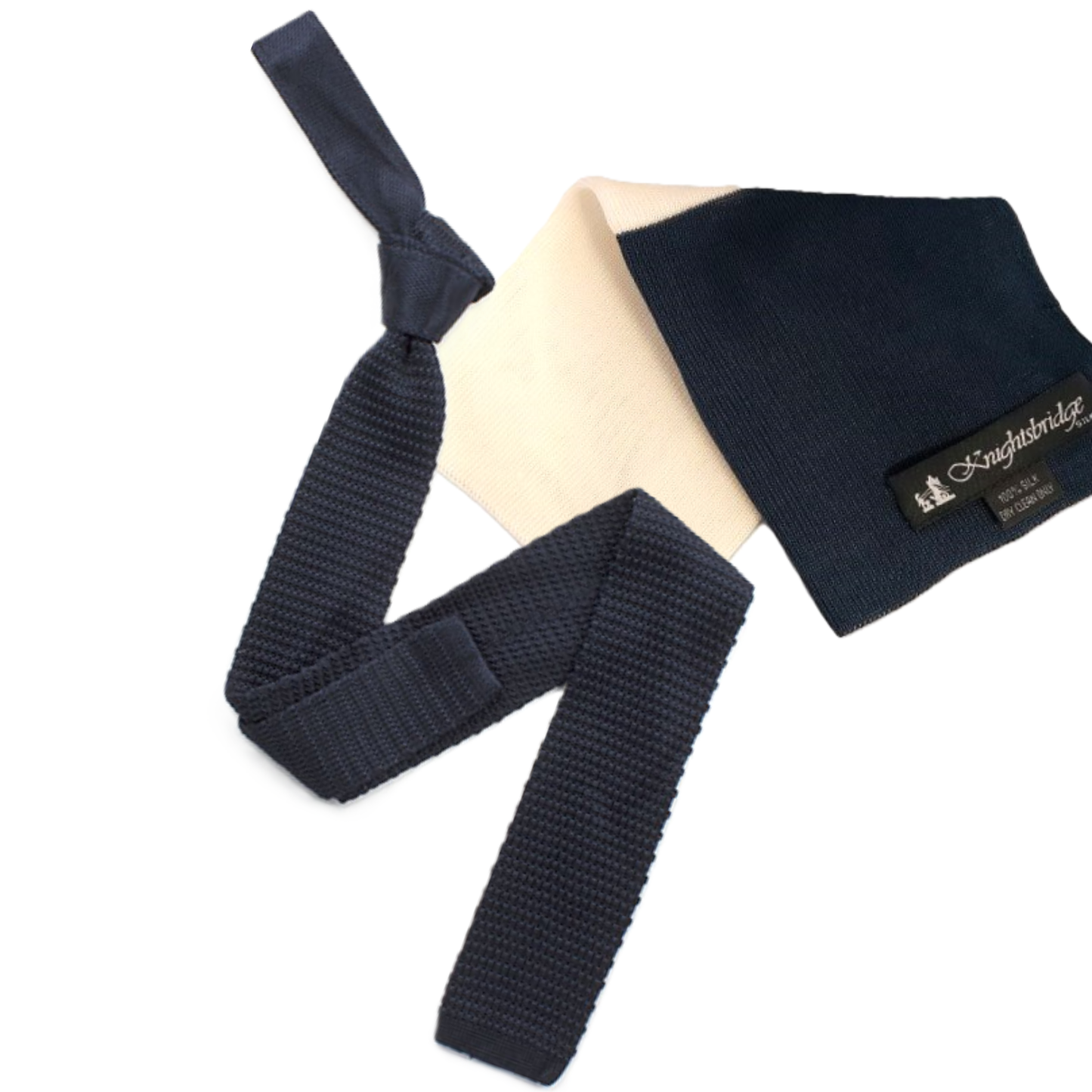 Knightsbridge Retro Mod 60's Slim Square End Plain Knitted Silk Tie & Pocket Square Set Navy