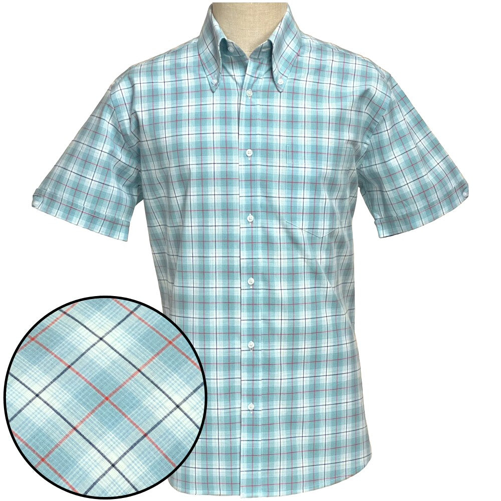 PRE-ORDER: Adaptor Clothing Check Short Sleeve Button Down Shirt Seafoam