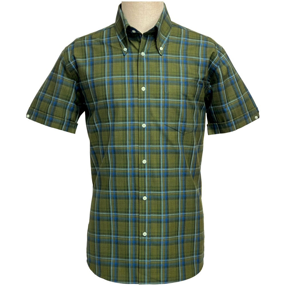 PRE-ORDER: Adaptor Clothing Check Short Sleeve Button Down Shirt Olive