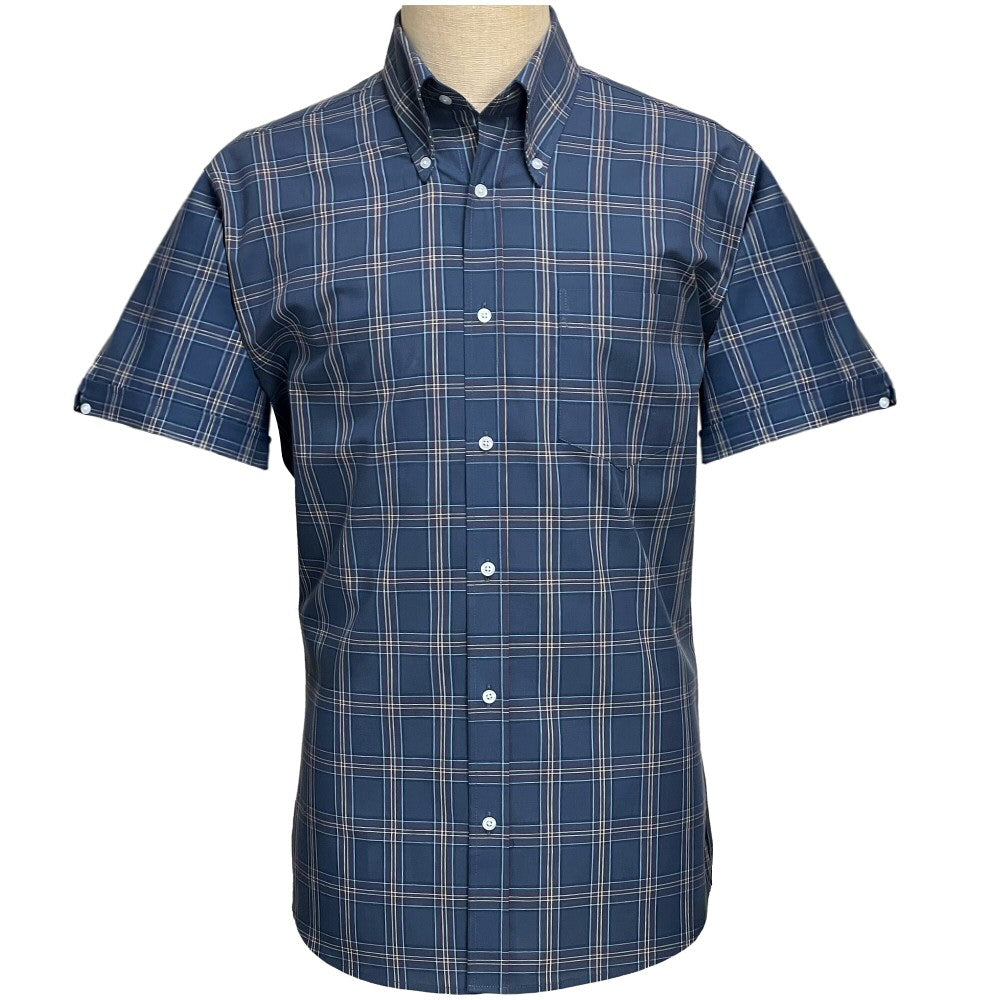PRE-ORDER: Adaptor Clothing Check Short Sleeve Button Down Shirt Mid Blue