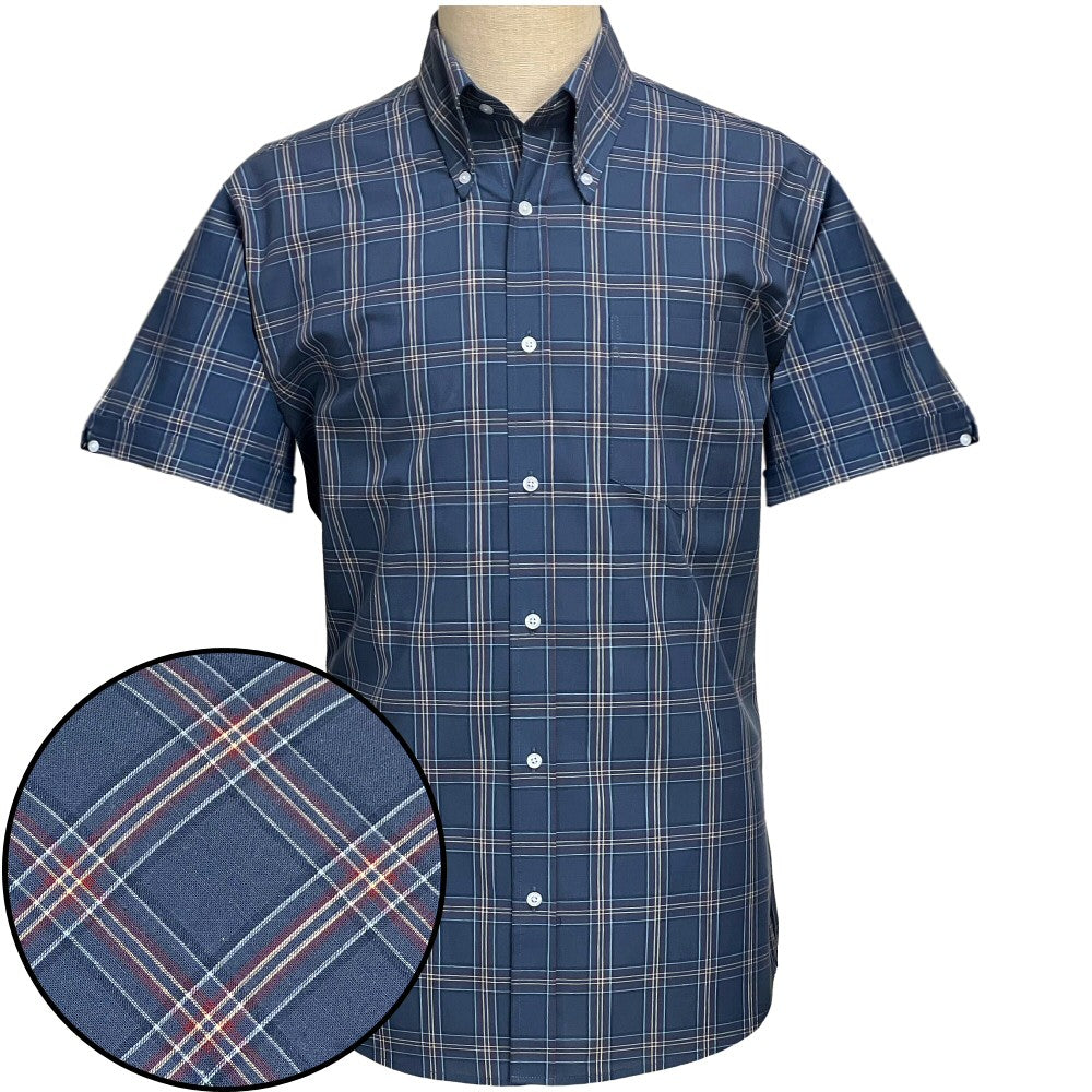 PRE-ORDER: Adaptor Clothing Check Short Sleeve Button Down Shirt Mid Blue