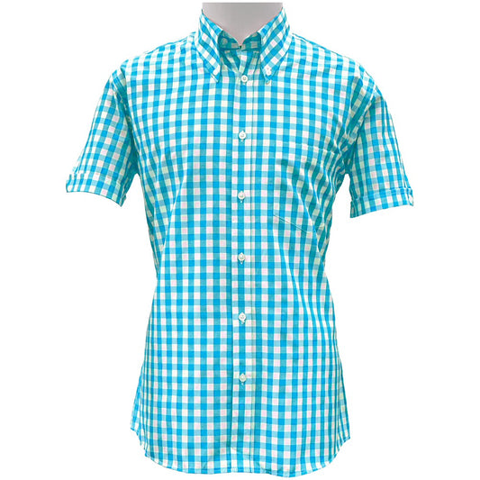 Adaptor Clothing Gingham Short Sleeve Button Down Shirt Aqua