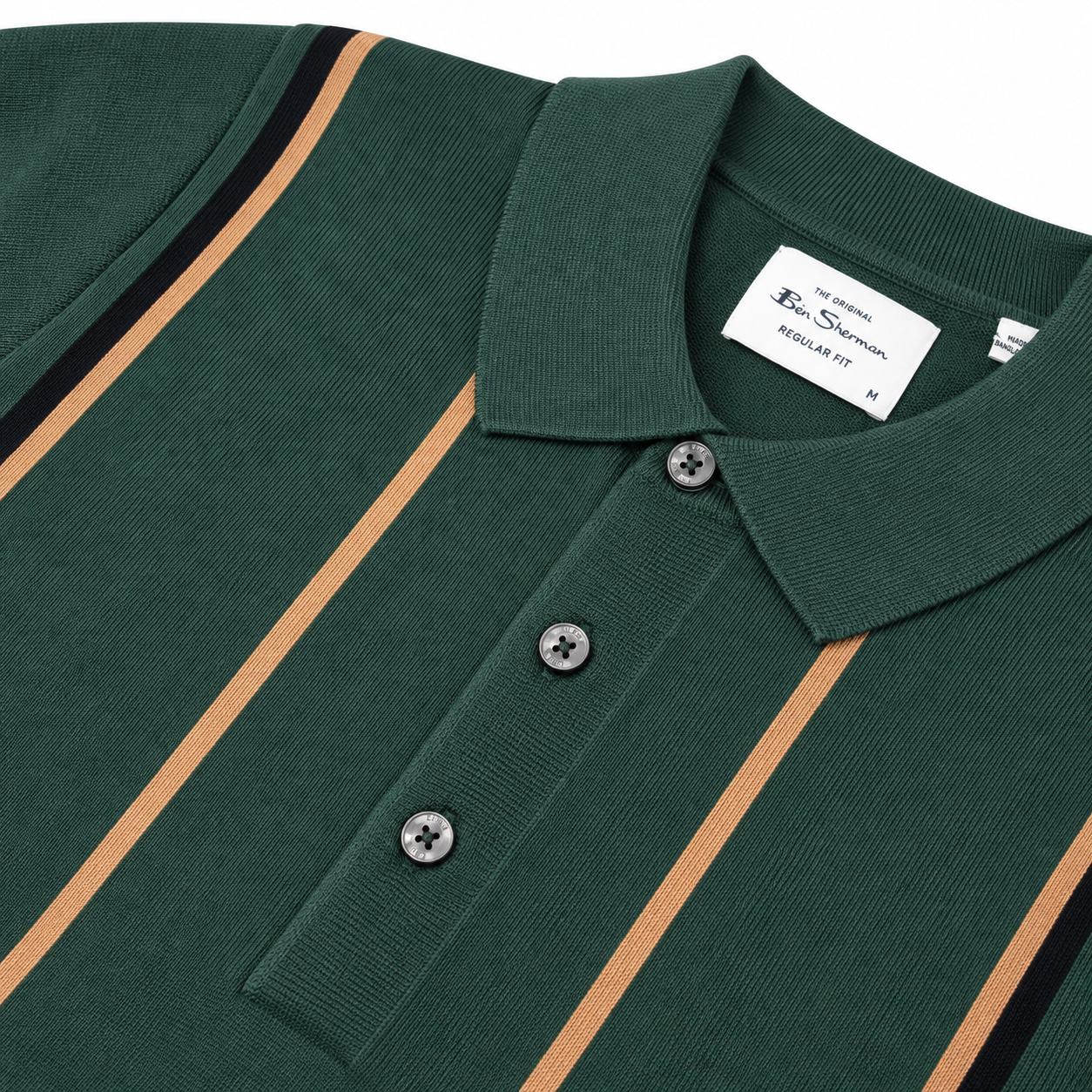 Ben Sherman Panel Stripe 3 Button Knit Polo Shirt Green
