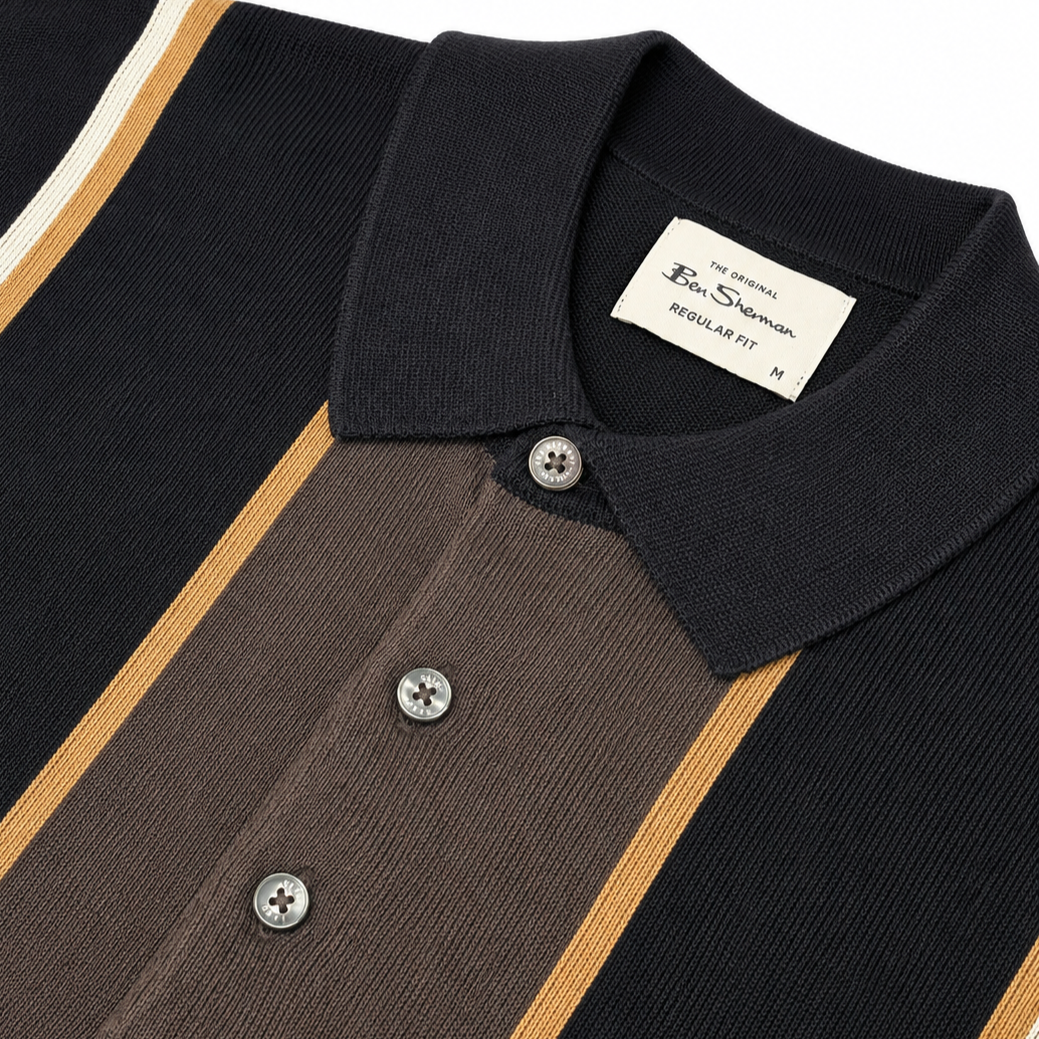 Ben Sherman Panel Stripe 3 Button Knit Polo Shirt Black