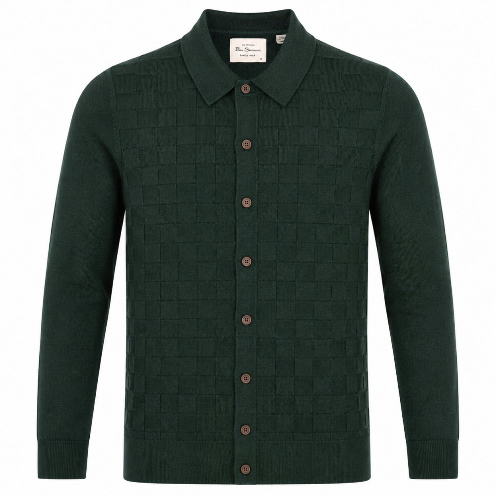 Ben Sherman Enlarged Checkerboard Knit Cardigan Green