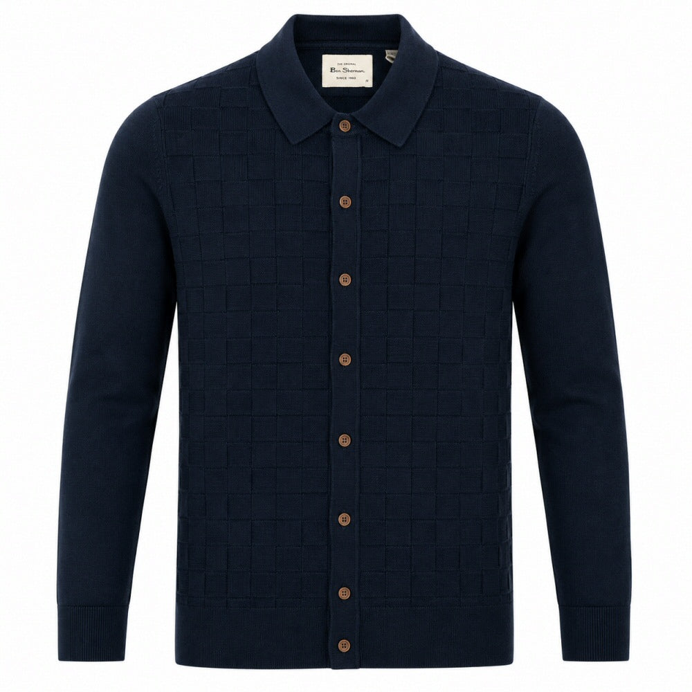 Ben Sherman Enlarged Checkerboard Knit Cardigan Navy