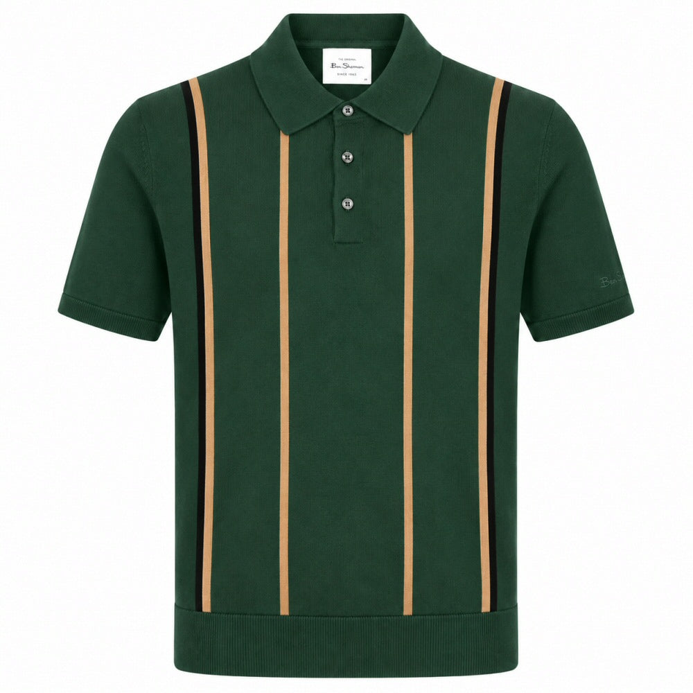 Ben Sherman Panel Stripe 3 Button Knit Polo Shirt Green