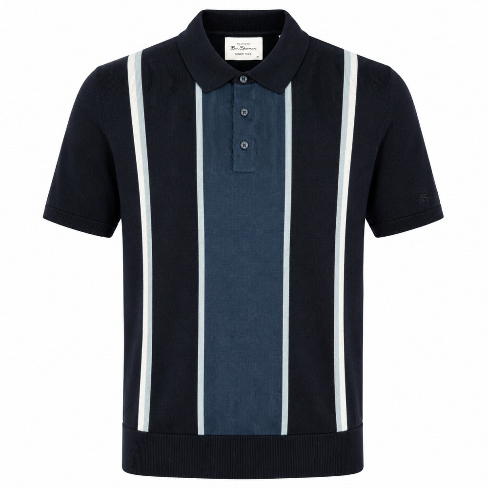 Ben Sherman Panel Stripe 3 Button Knit Polo Shirt Navy