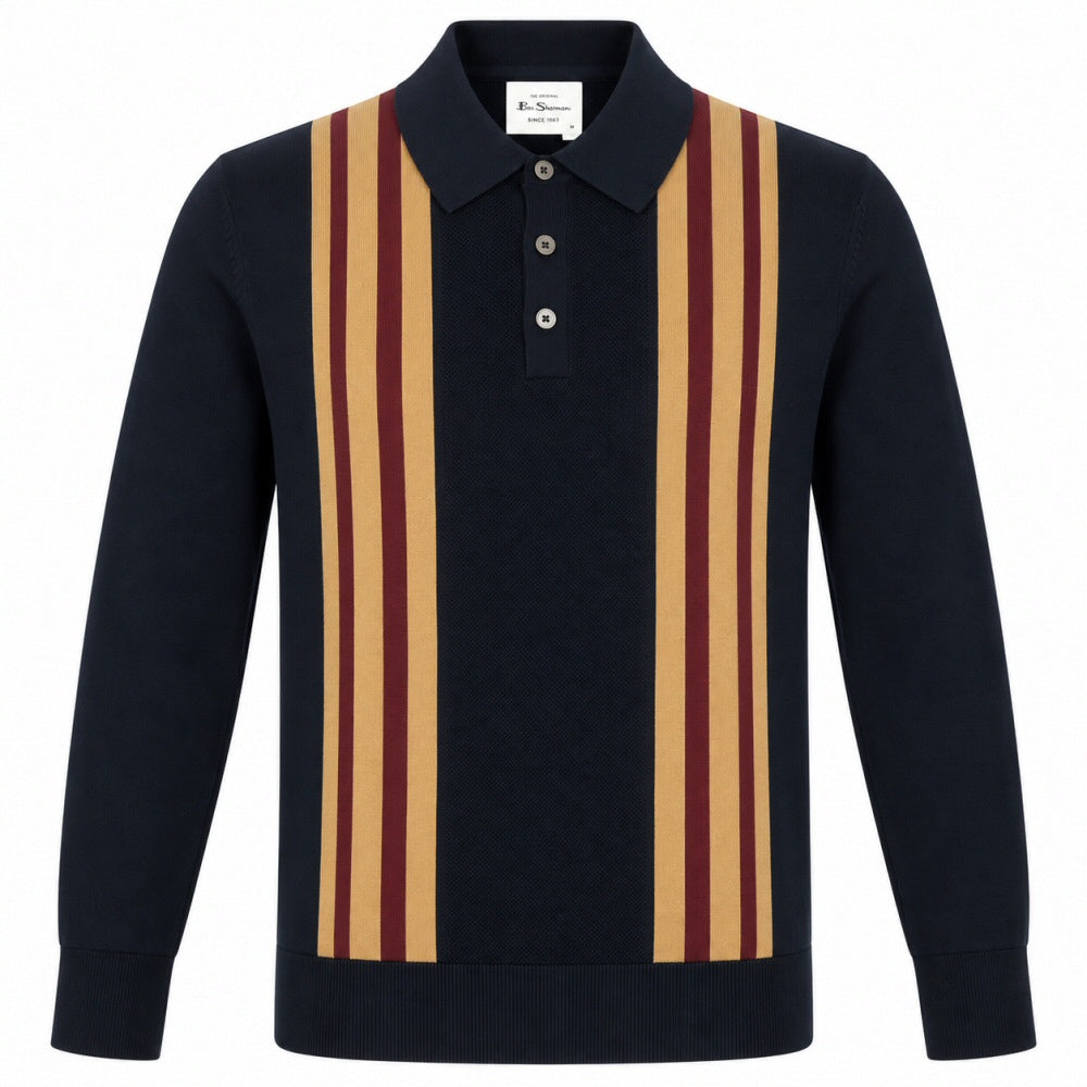 Ben Sherman Waffle Knit Stripe 3 Button Knit Polo Navy