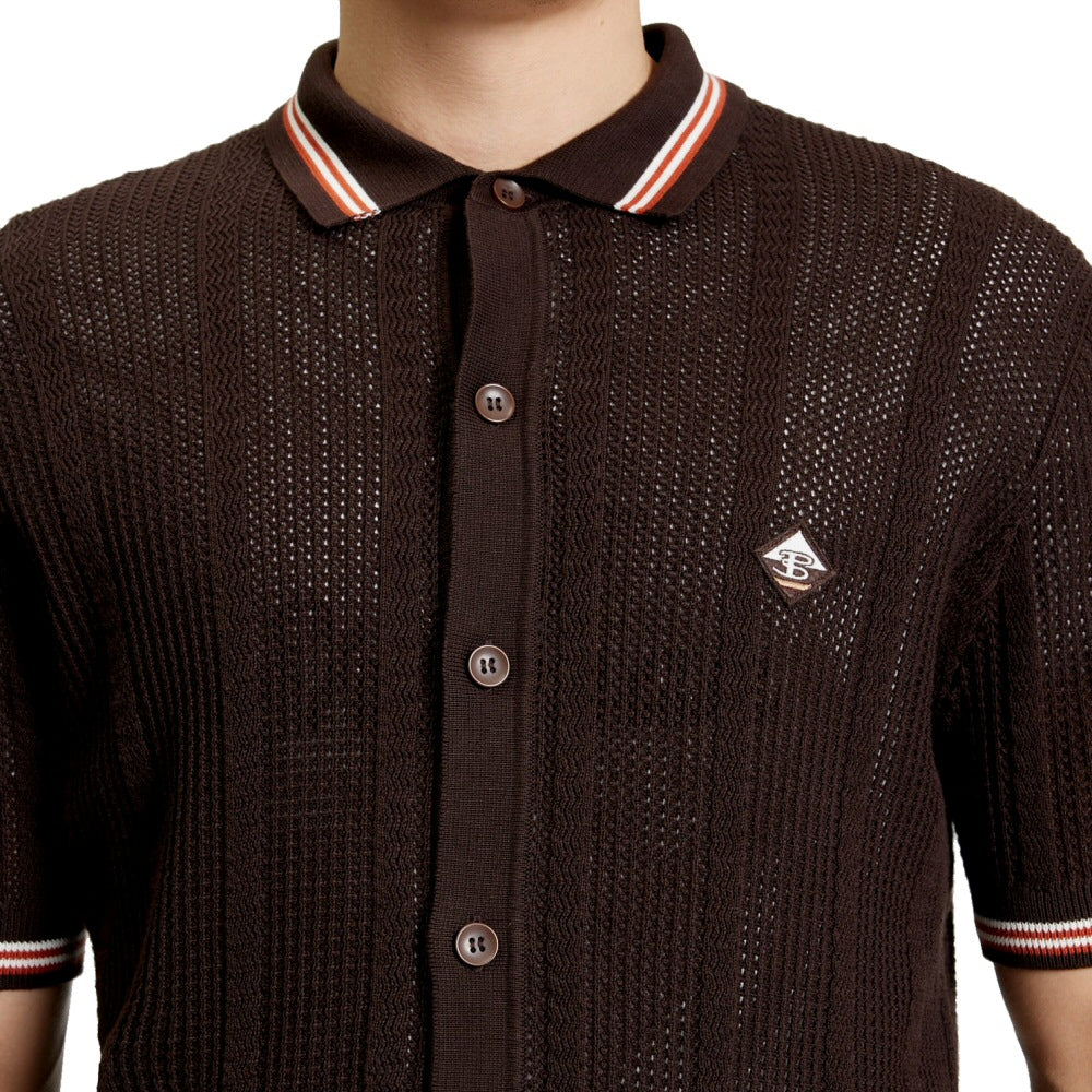 Ben Sherman Airtex Drop Stitch Knit Cardigan Brown