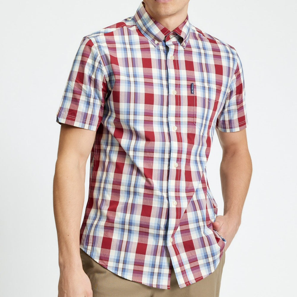 Ben Sherman Short Sleeve Oversize Check Shirt Wine Sky