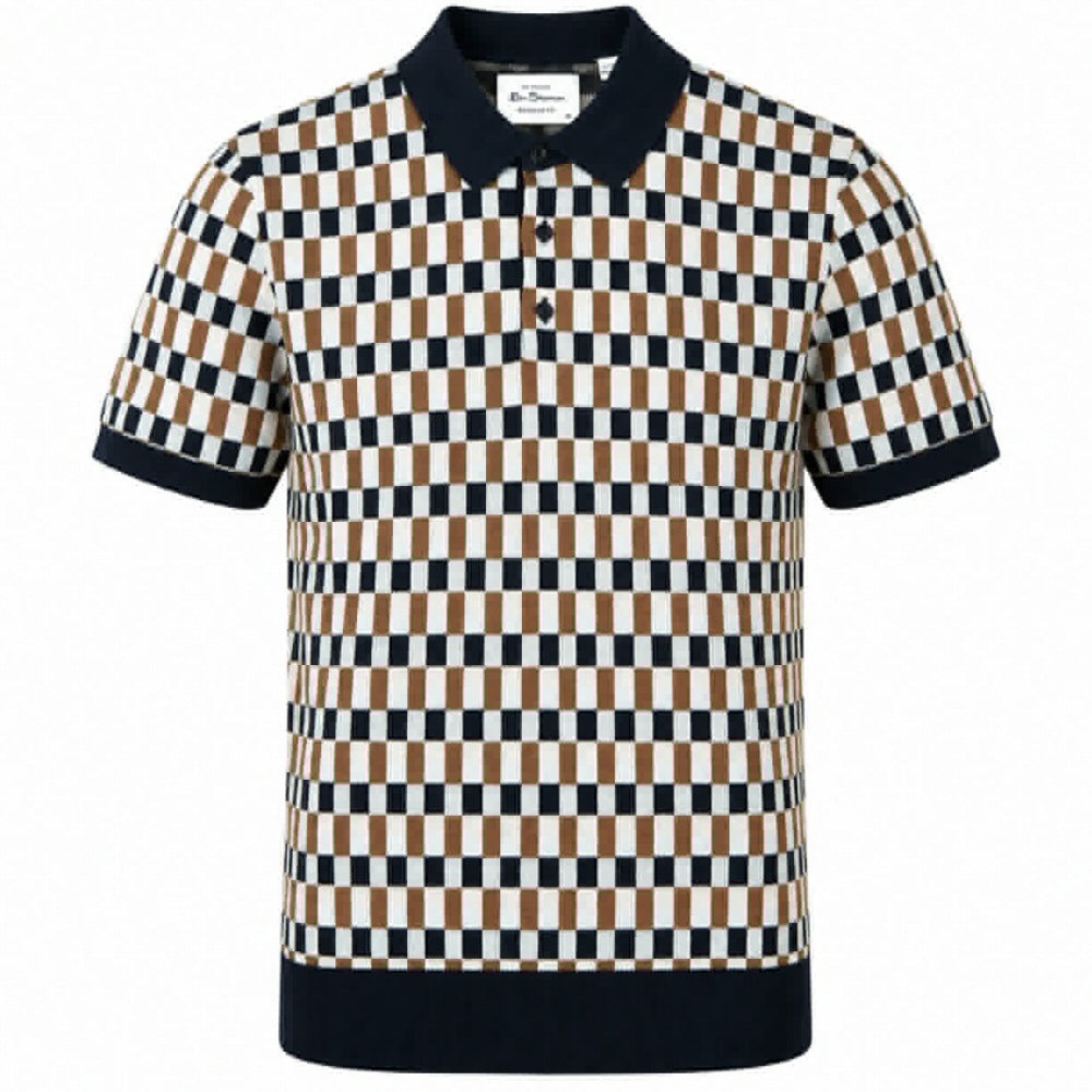 Ben Sherman Multi Checkerboard Knit Polo Shirt Navy Tan