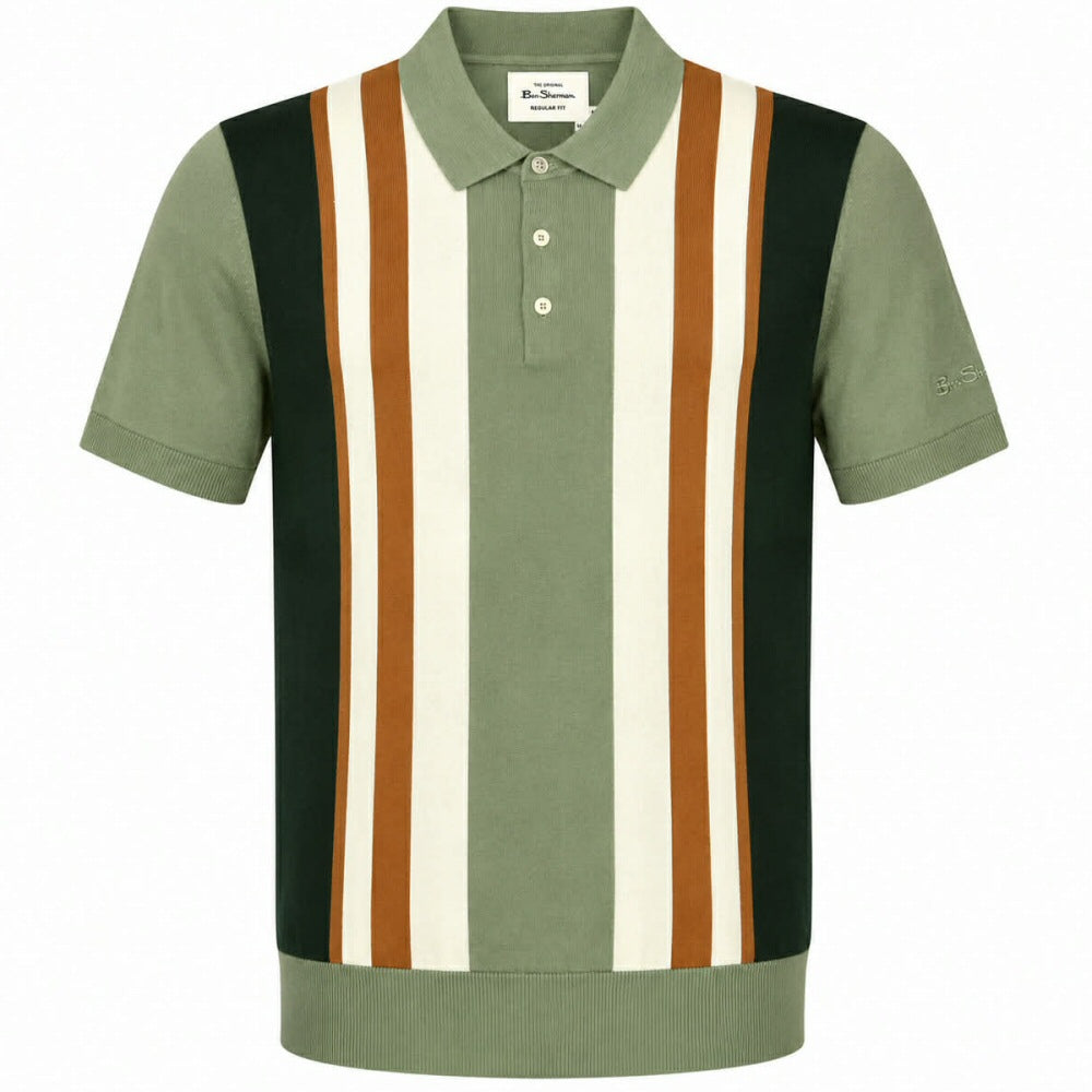 Ben Sherman Multi Stripe 3 Button Knit Polo Shirt Sage