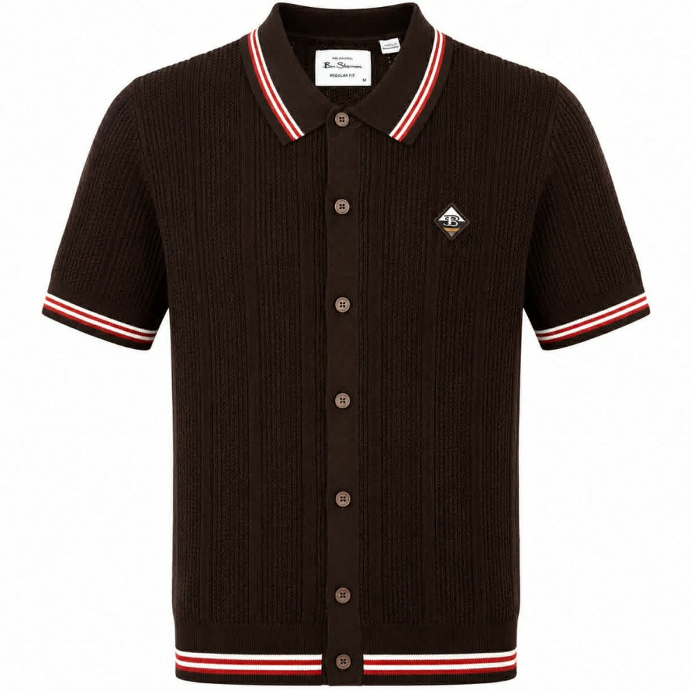Ben Sherman Airtex Drop Stitch Knit Cardigan Brown
