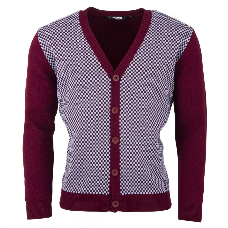 Relco Mod 60's Heavy Gauge Knit Checkerboard Cardigan Burgundy / Sky