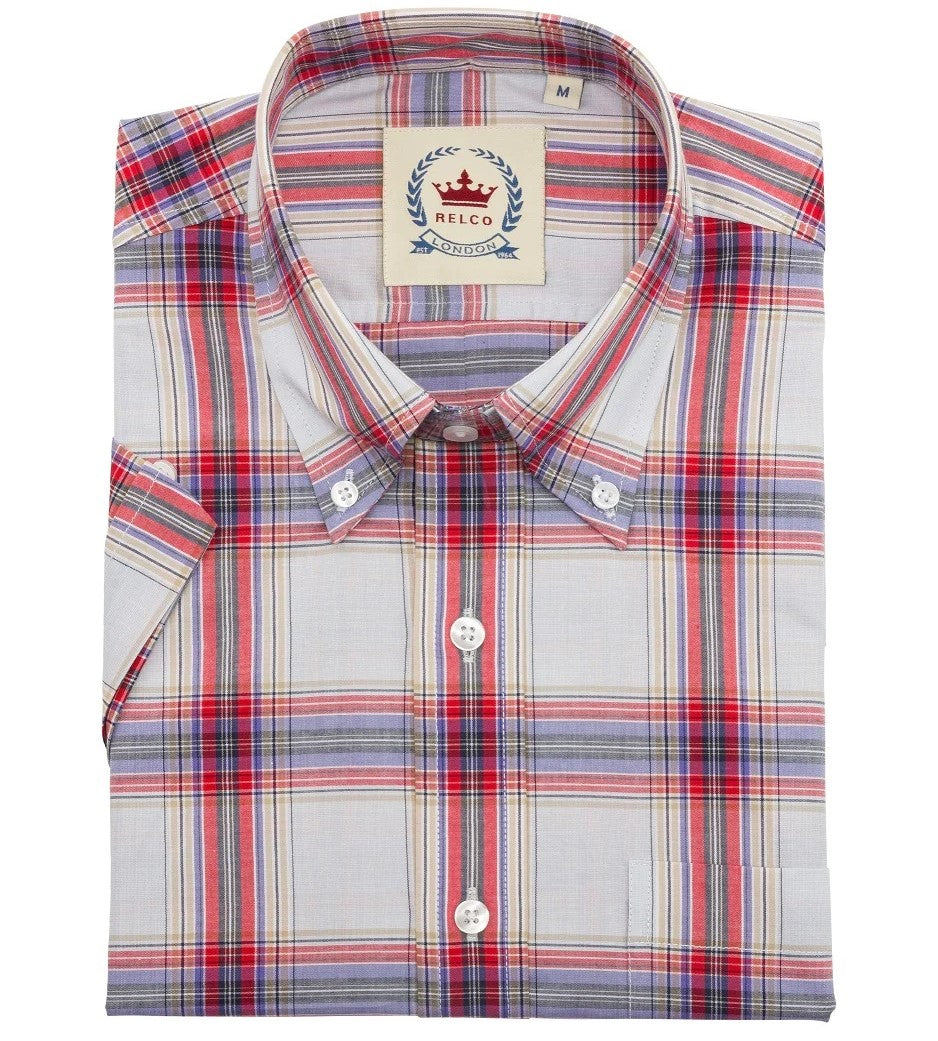 Relco Button Down Check Short Sleeve Shirt White And Red