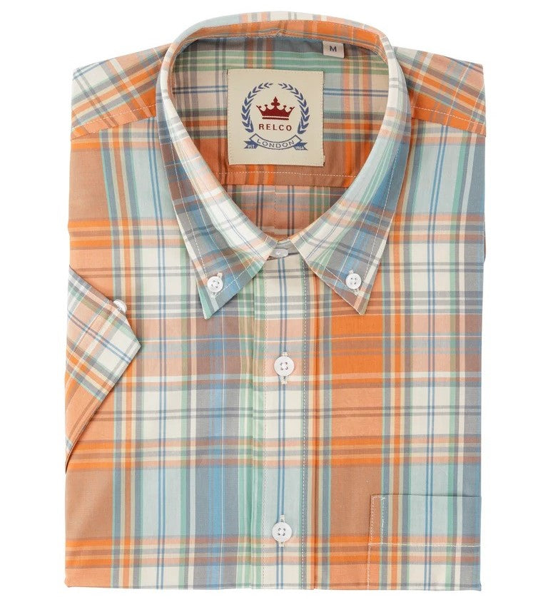 Relco Button Down Check Short Sleeve Shirt Orange / Blue