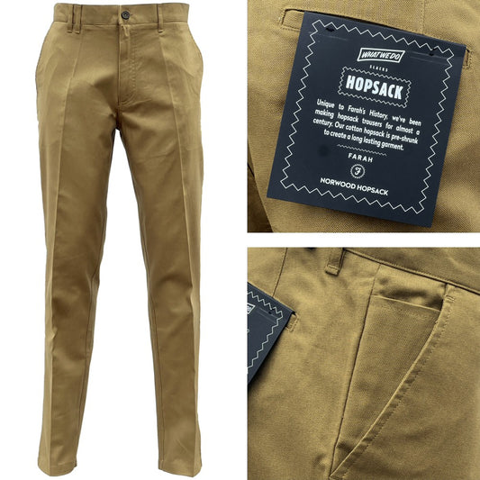 Farah Hopsack Cotton Straight Fit Trousers Dark Sand