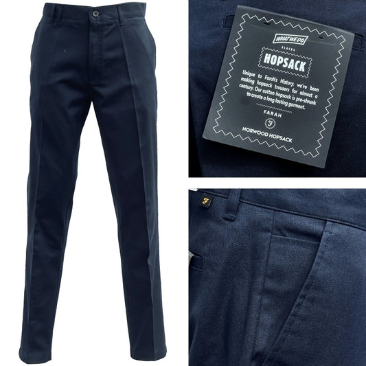 Farah Hopsack Cotton Straight Fit Trousers Navy