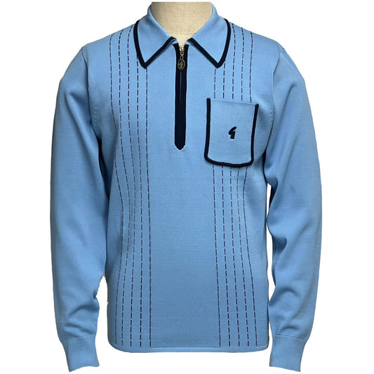 Gabicci Vintage Archive Darron Fine Gauge Zip Neck Polo Sky Blue