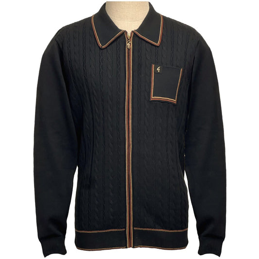 Gabicci Vintage Cable Knit Zip Through Tipped Cardi Black