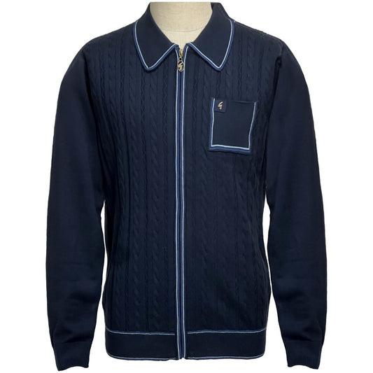Gabicci Vintage Cable Knit Zip Through Tipped Cardi Navy