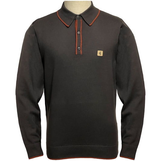 Gabicci Contrast Tipped Plain Fine Gauge Knit Polo Chocolate