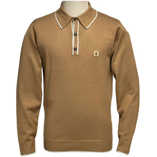 Gabicci Contrast Tipped Plain Fine Gauge Knit Polo Dark Sand