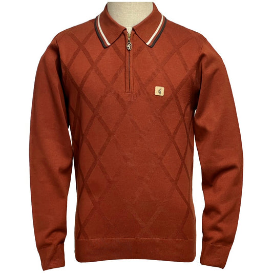 Gabicci Vintage Diamond Knit Zip Neck Tipped Polo Chestnut