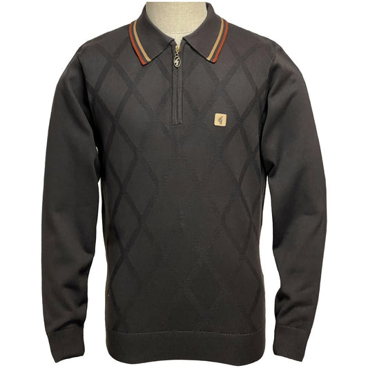 Gabicci Vintage Diamond Knit Zip Neck Tipped Polo Chocolate