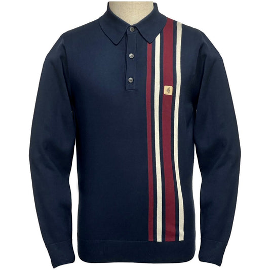 Gabicci Vintage Mod Racing Stripe 3 Button Knit Polo Navy