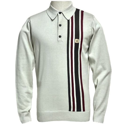 Gabicci Vintage Mod Racing Stripe 3 Button Knit Polo Stone