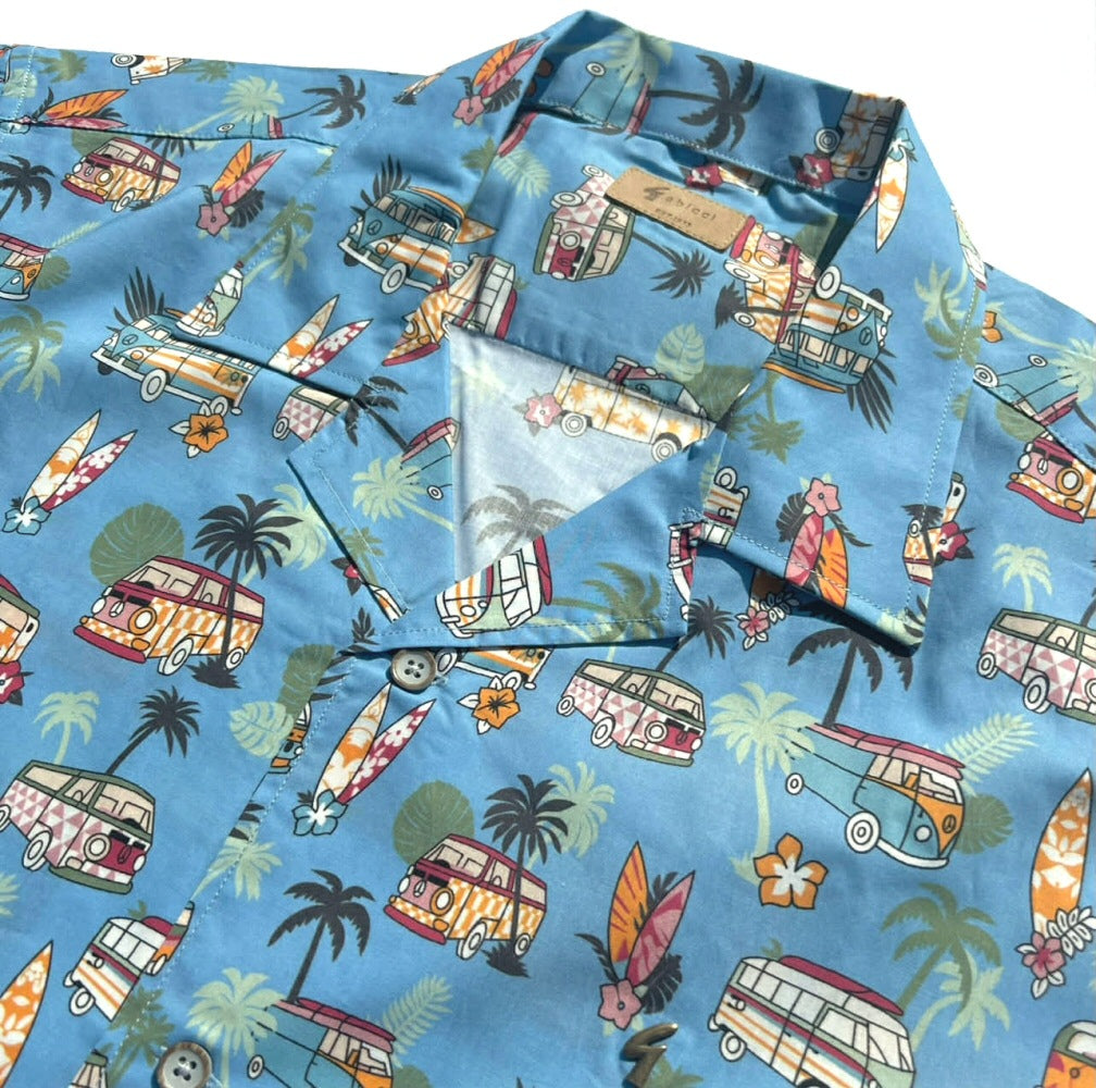 Gabicci Vintage Revere Collar Camper Van Print Shirt Blue