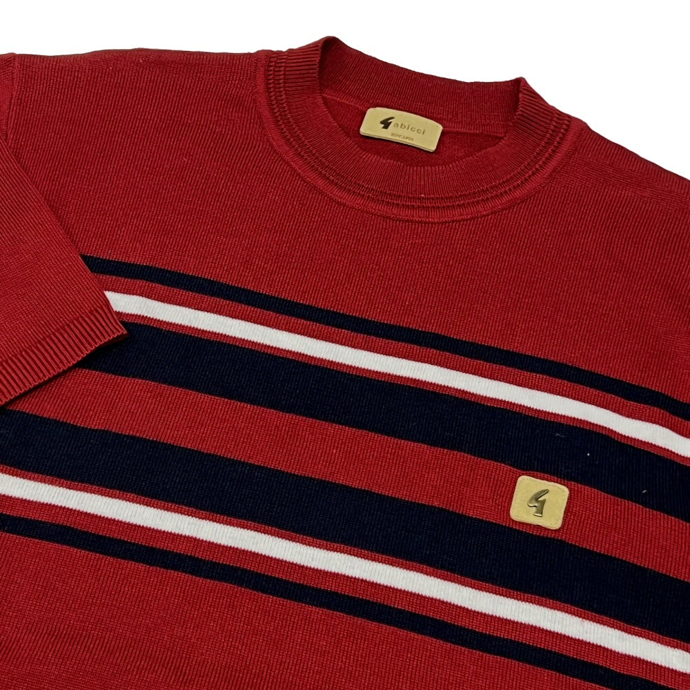 Gabicci Vintage Mod Chest Stripe Fine Gauge Crew Neck Burgundy