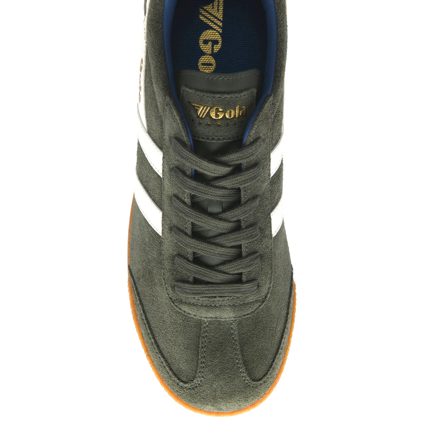 Gola Harrier Classic Twin Stripe Suede Trainer Dark Green / Off White / Blue