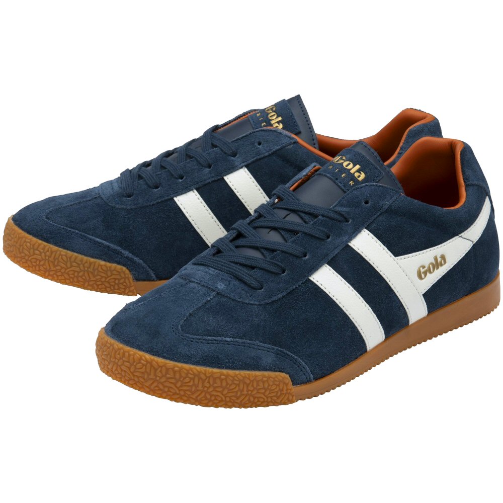Gola Harrier Classic Twin Stripe Suede Trainer Navy / Off White / Orange