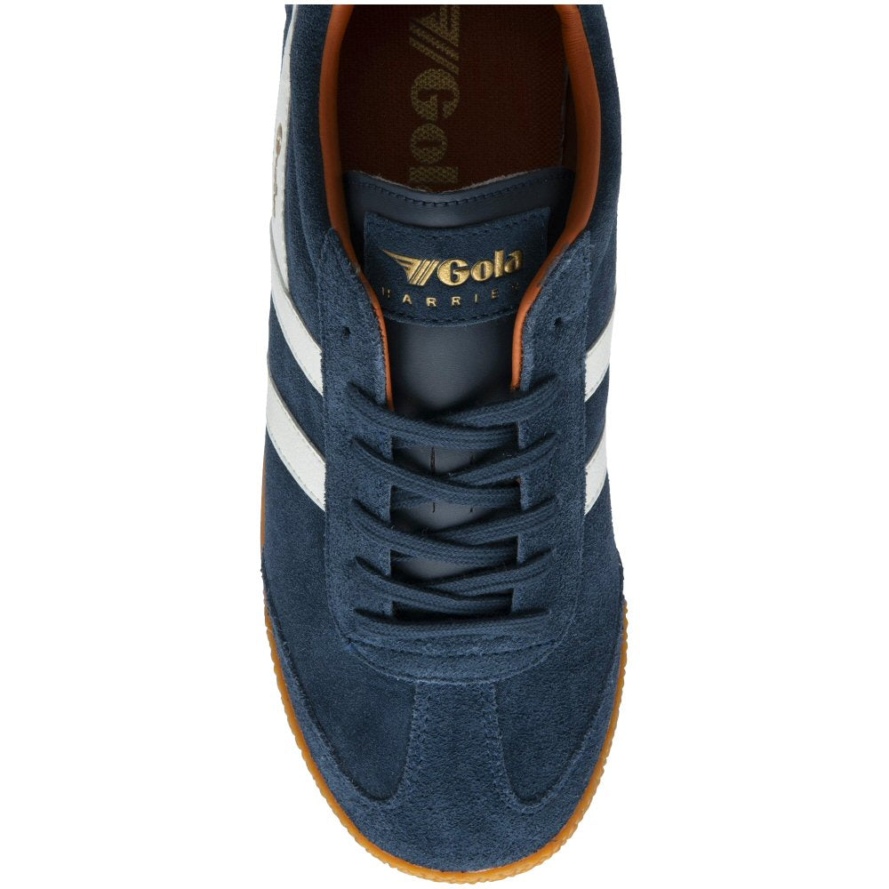 Gola Harrier Classic Twin Stripe Suede Trainer Navy / Off White / Orange