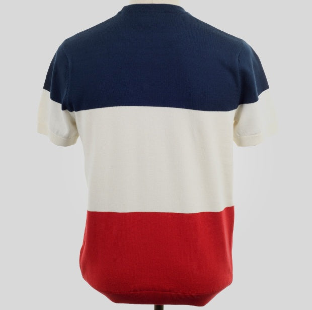 Art Gallery Fine Gauge Knit Block Stripe Crew Neck Top Red White Blue