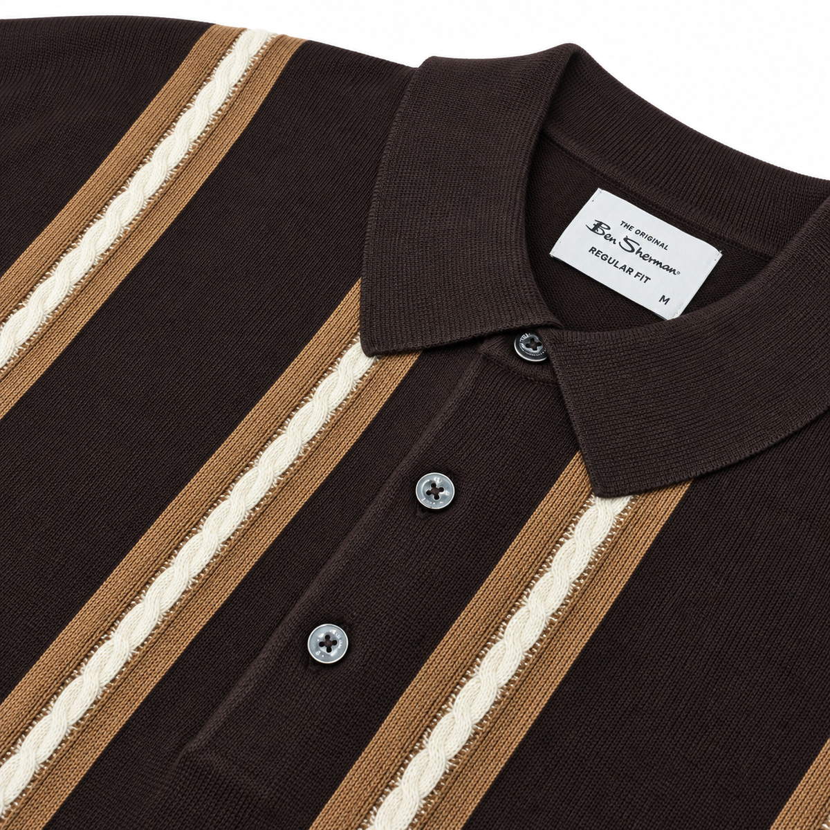 Ben Sherman Cable Knit Stripe 3 Button Knit Polo Brown