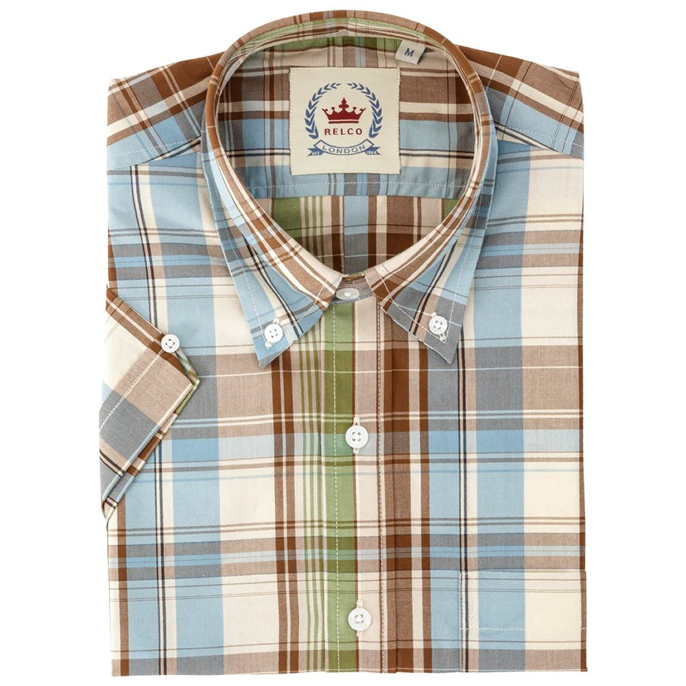 Relco Button Down Check Short Sleeve Shirt Sky Blue