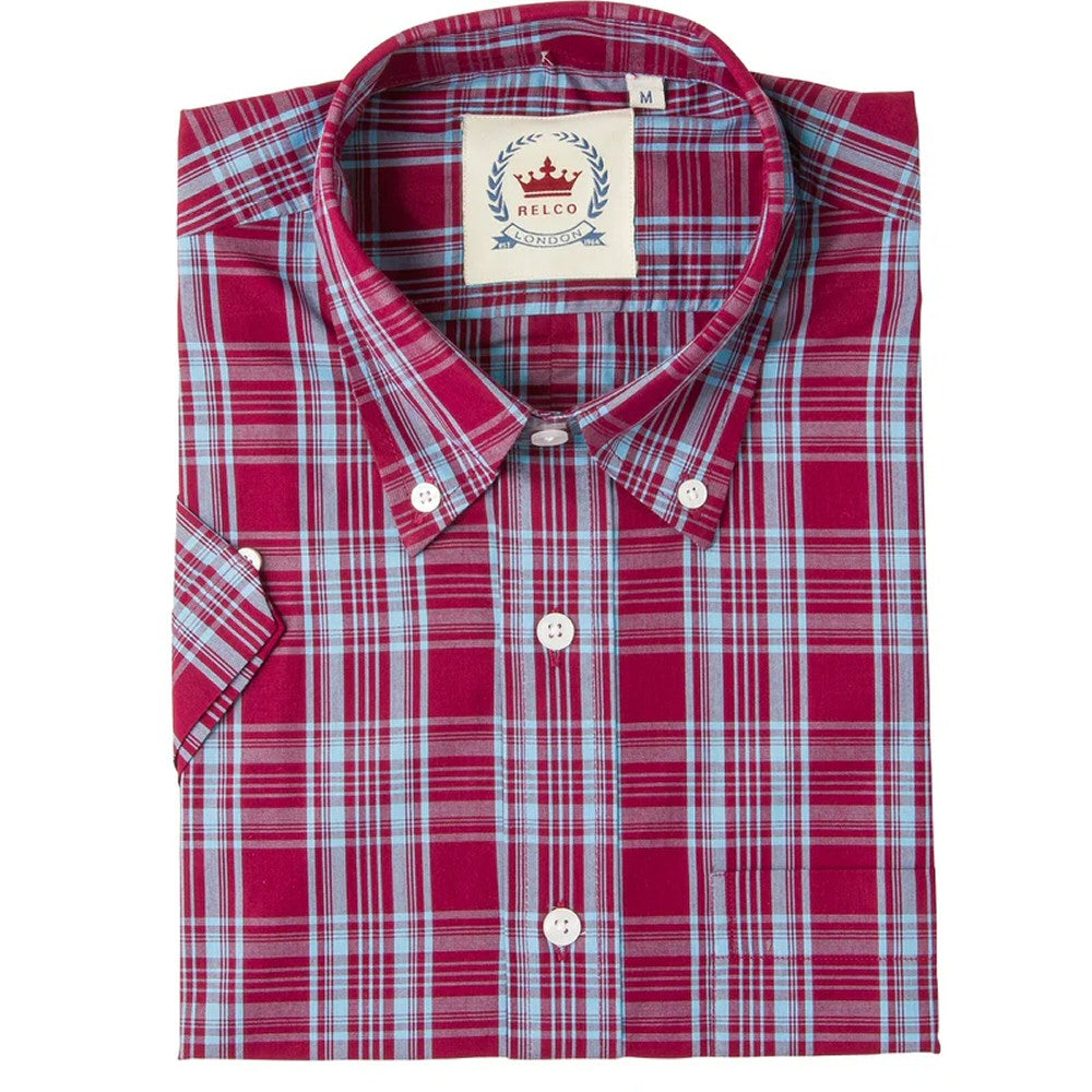 Relco Button Down Check Short Sleeve Shirt Burgundy