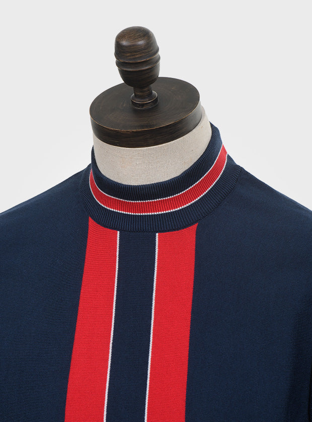 Art Gallery Fine Gauge Knit Block Stripe Turtle Neck Navy Blue