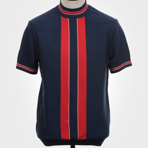 Art Gallery Fine Gauge Knit Block Stripe Turtle Neck Navy Blue