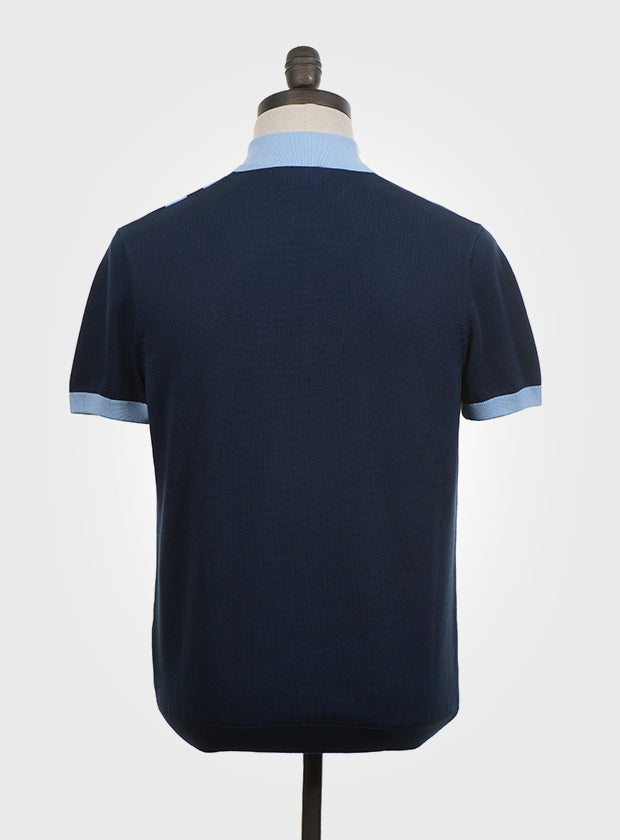 Art Gallery Fine Gauge Knit Racing Stripe Polo Navy Blue