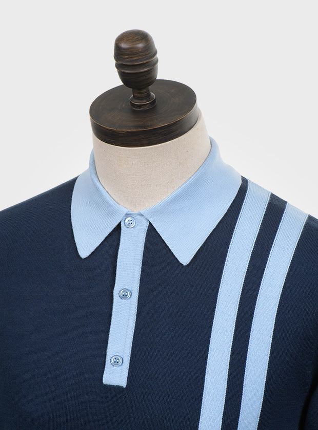 Art Gallery Fine Gauge Knit Racing Stripe Polo Navy Blue