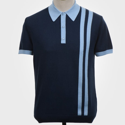 Art Gallery Fine Gauge Knit Racing Stripe Polo Navy Blue