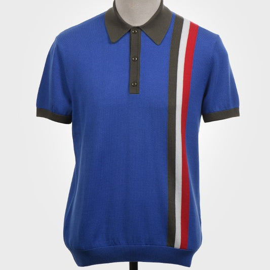 Art Gallery Fine Gauge Knit Racing Stripe Polo Azzurri Blue