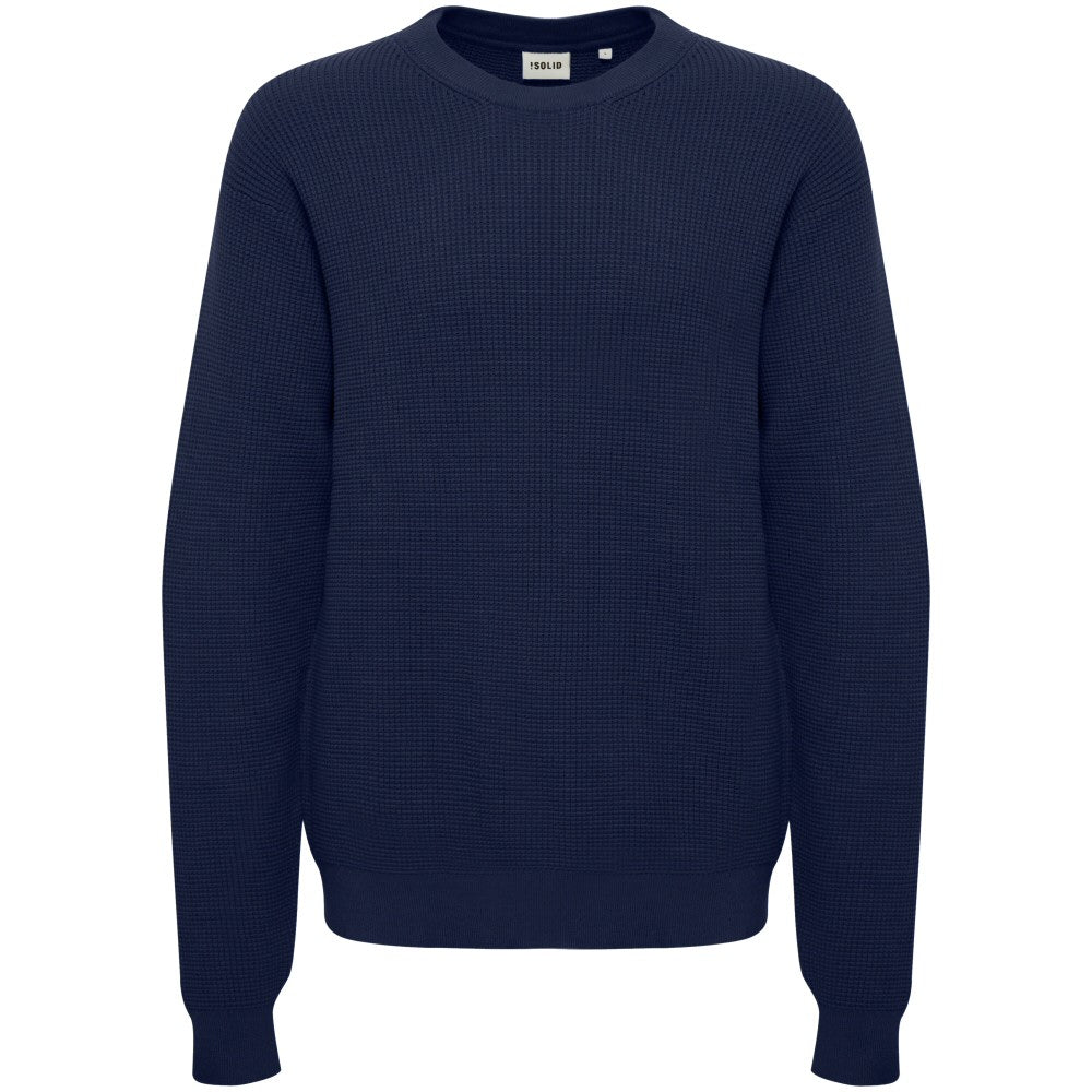 Solid Moss Stitch Crew Neck Pullover Navy Blue