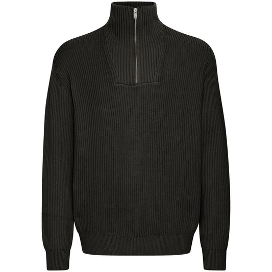 Solid Cotton Knit Zip Neck Neck Pullover Black